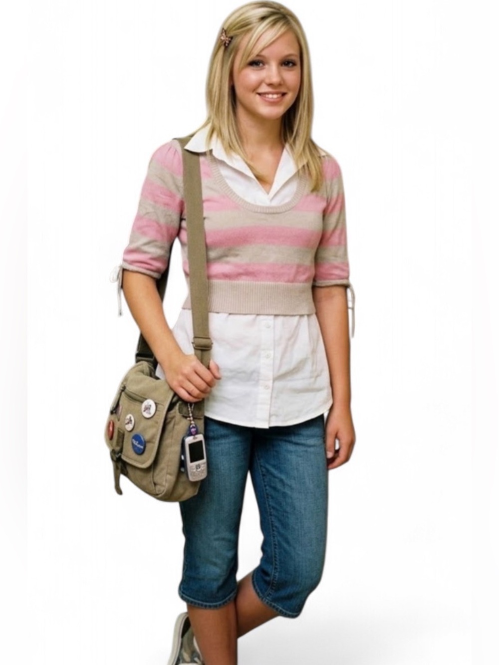 Takeout Size Small Pink & Grey Cropped Sweater over White Blouse Top
